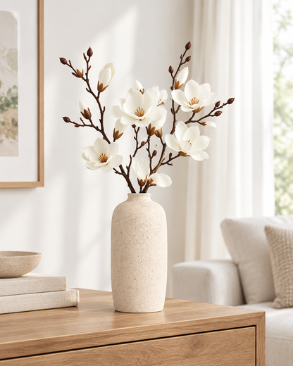 White Artificial Magnolia Branches styled in a ceramic vase on a console table (vase sold separately)