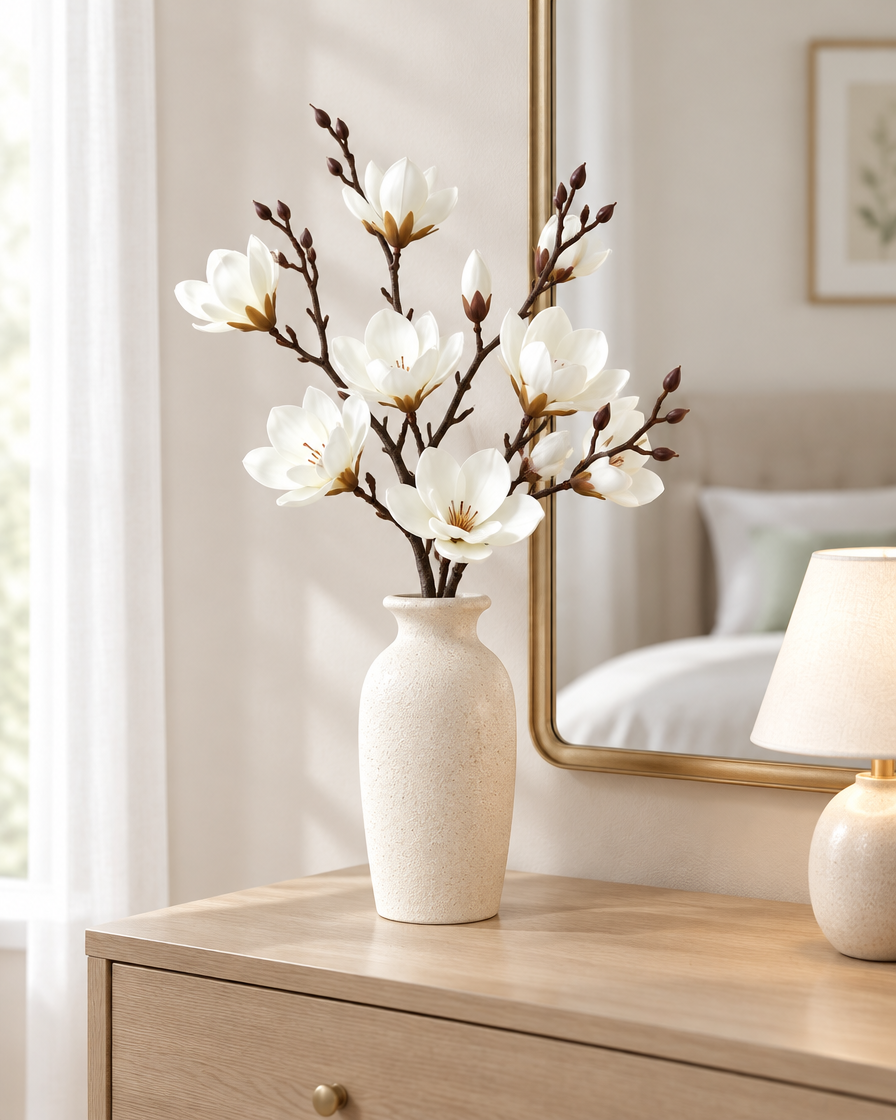 White Artificial Magnolia Branches styled in a ceramic vase on a dresser (vase sold separately)