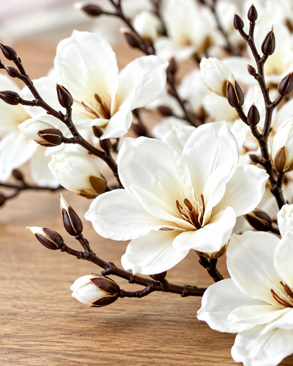 Close-up detail of the white artificial magnolia branches on an oak table