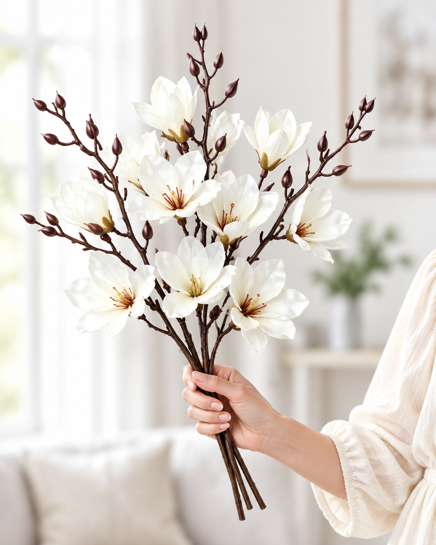 White Artificial Magnolia Branches held in a hand