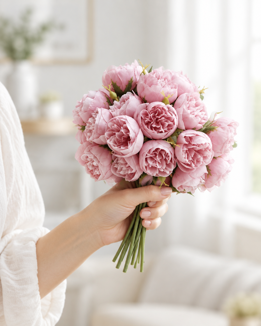 Pink Artificial Peony Bunch held in a hand