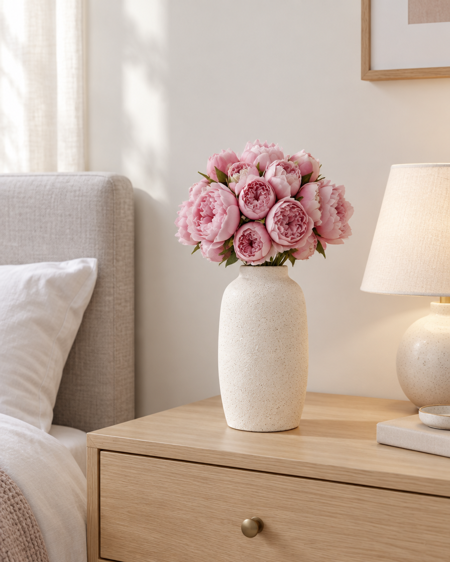 Pink Artificial Peony Bunch styled in a ceramic vase on a dresser (vase sold separately)