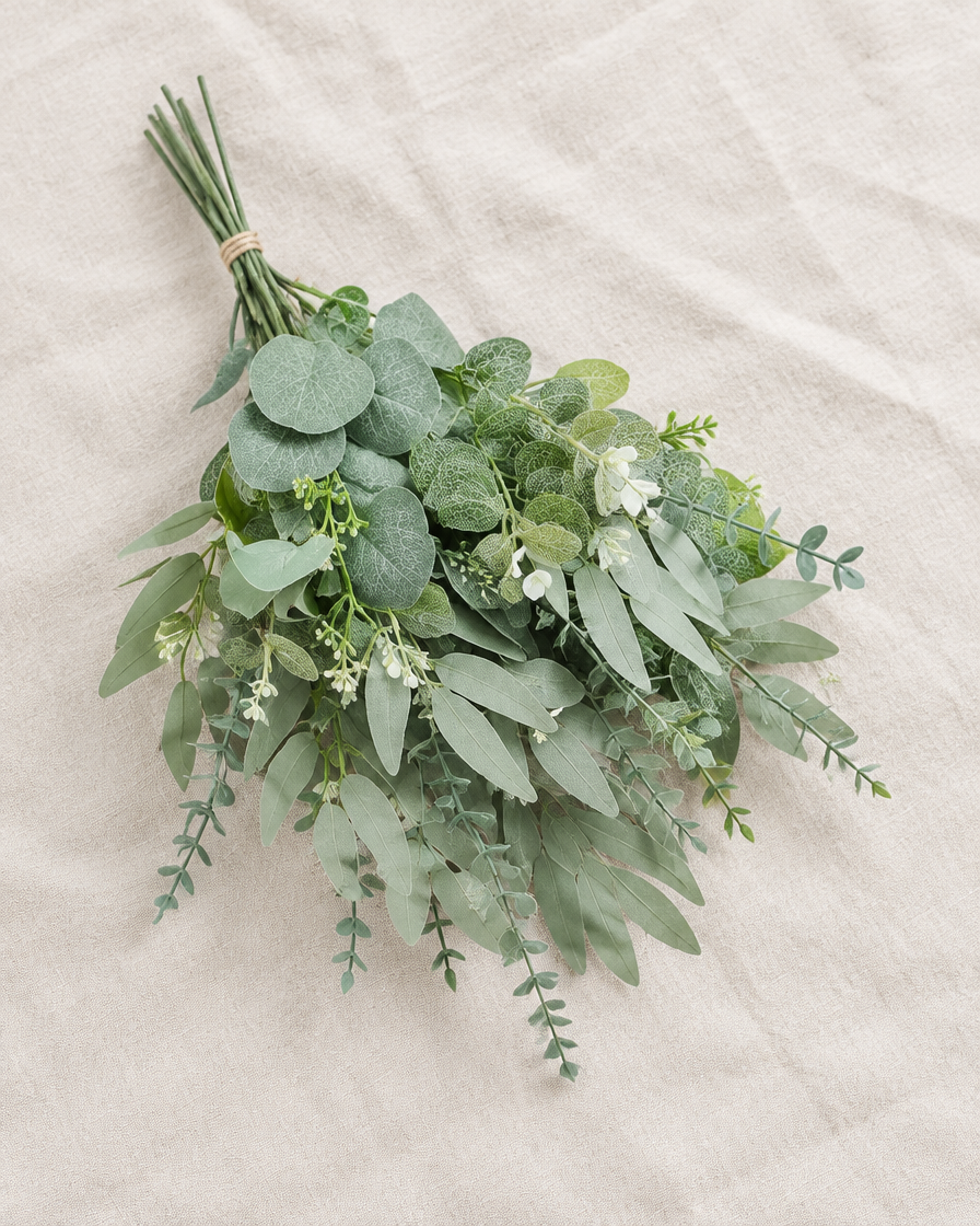 Green Artificial Eucalyptus Bunch, shown alone on a linen background