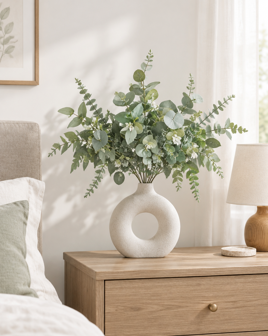 Green Artificial Eucalyptus Bunch styled in a ceramic vase on a dresser (vase sold separately)