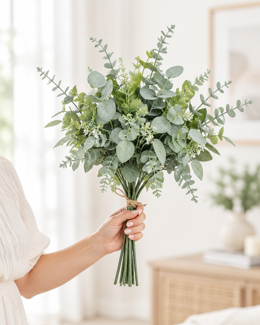 Green Artificial Eucalyptus Bunch held in a hand