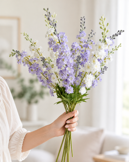 Lilac Purple Artificial Delphinium Flower Stems held in a hand
