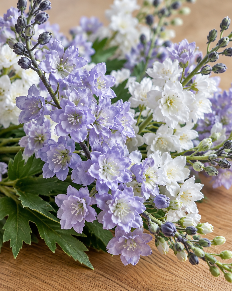 Close-up detail of the lilac purple artificial delphinium flower stems on an oak table