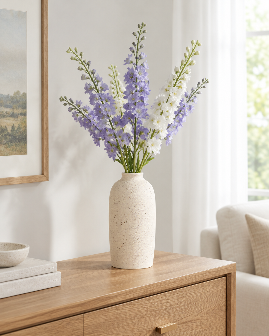 Lilac Purple Artificial Delphinium Flower Stems styled in a ceramic vase on a console table (vase sold separately)