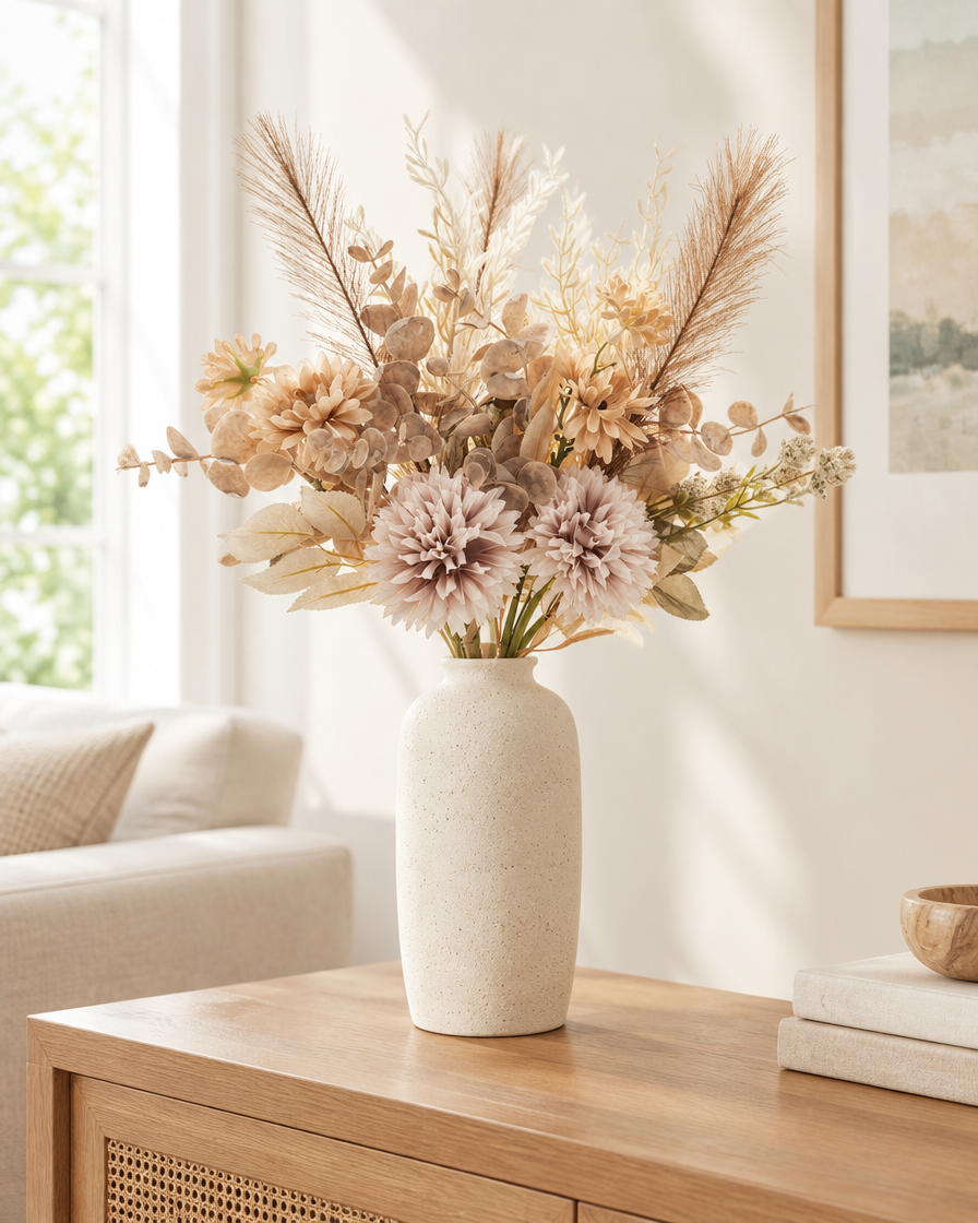 Beige Artificial Mixed Dahlia & Pampas Bouquet styled in a ceramic vase on a console table (vase sold separately)