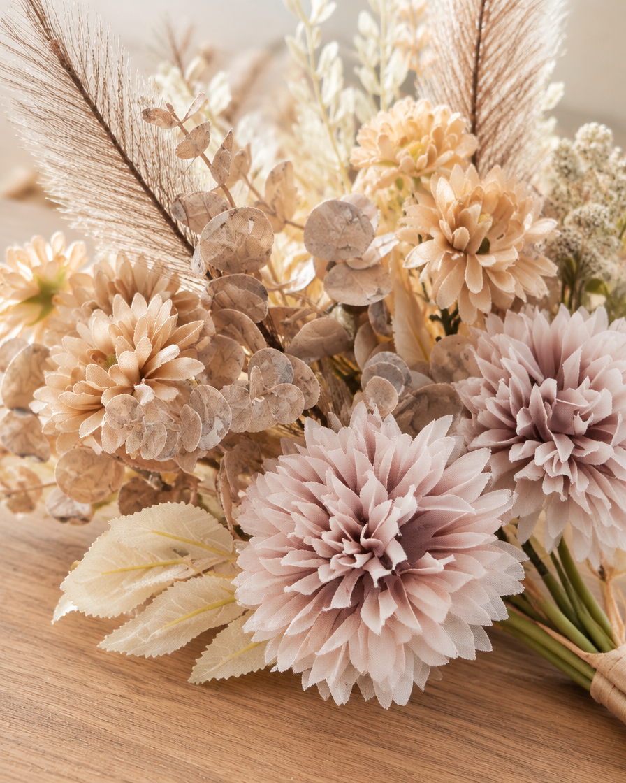 Close-up detail of the beige artificial mixed dahlia & pampas bouquet on an oak table