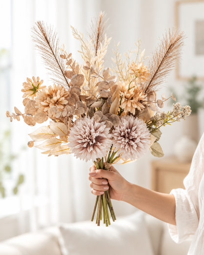Beige Artificial Mixed Dahlia & Pampas Bouquet held in a hand