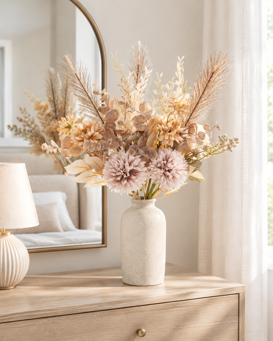 Beige Artificial Mixed Dahlia & Pampas Bouquet styled in a ceramic vase on a dresser (vase sold separately)