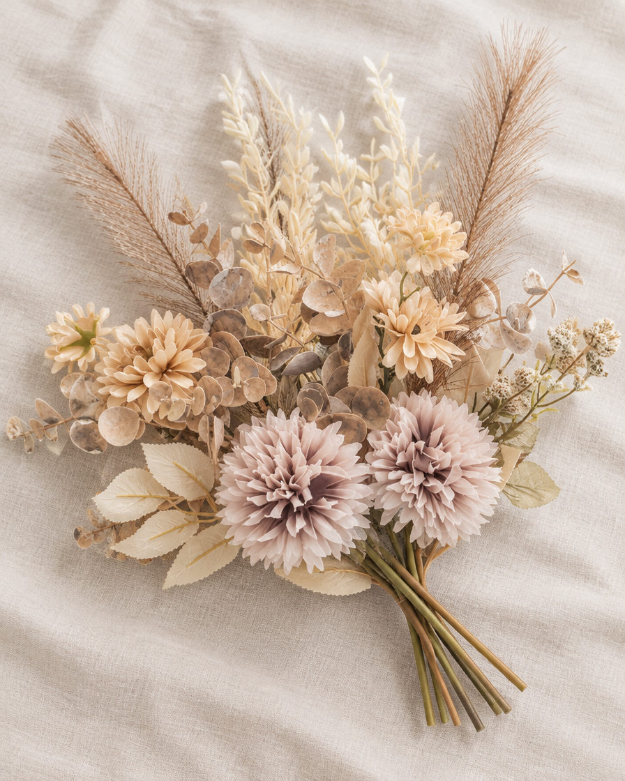 Beige Artificial Mixed Dahlia & Pampas Bouquet, shown alone on a linen background