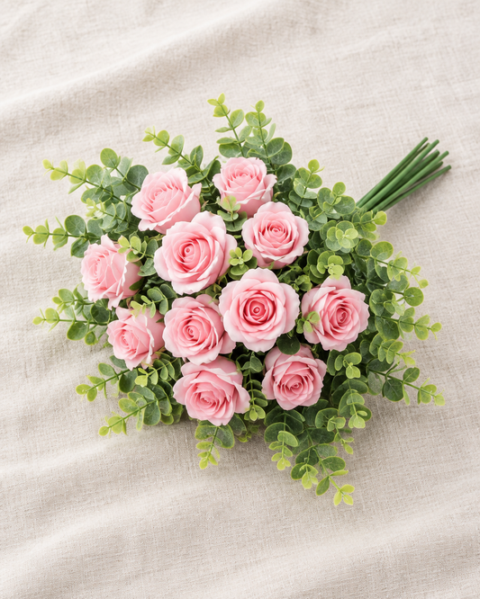 Pink Artificial Rose Bouquet with Greenery, shown alone on a linen background