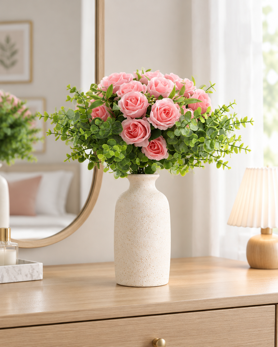 Pink Artificial Rose Bouquet with Greenery styled in a ceramic vase on a dresser (vase sold separately)