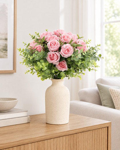 Pink Artificial Rose Bouquet with Greenery styled in a ceramic vase on a console table (vase sold separately)