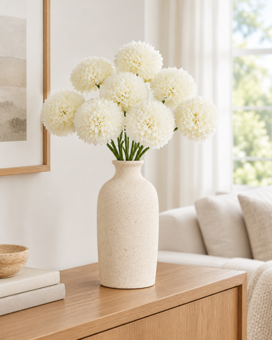 Cream White Artificial Chrysanthemum Ball Flower Bunch styled in a ceramic vase on a console table (vase sold separately)