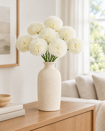 Cream White Artificial Chrysanthemum Ball Flower Bunch styled in a ceramic vase on a console table (vase sold separately)