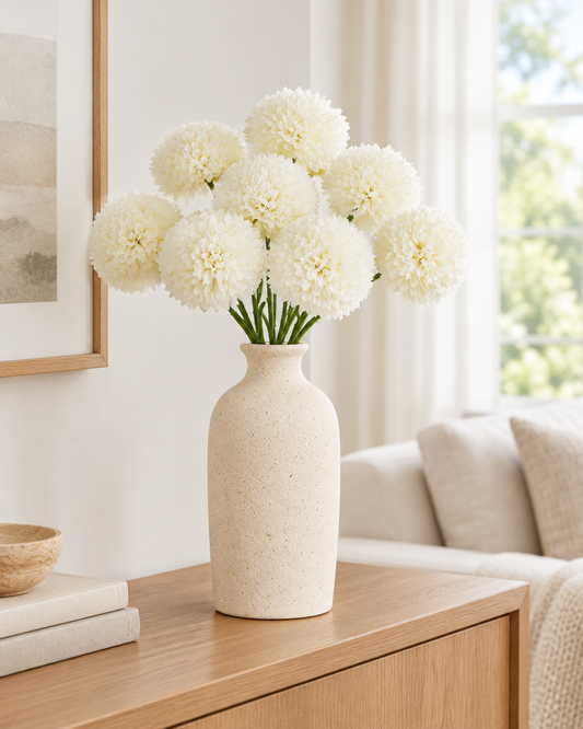 Cream White Artificial Chrysanthemum Ball Flower Bunch styled in a ceramic vase on a console table (vase sold separately)