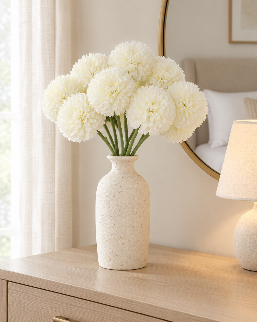 Cream White Artificial Chrysanthemum Ball Flower Bunch styled in a ceramic vase on a dresser (vase sold separately)
