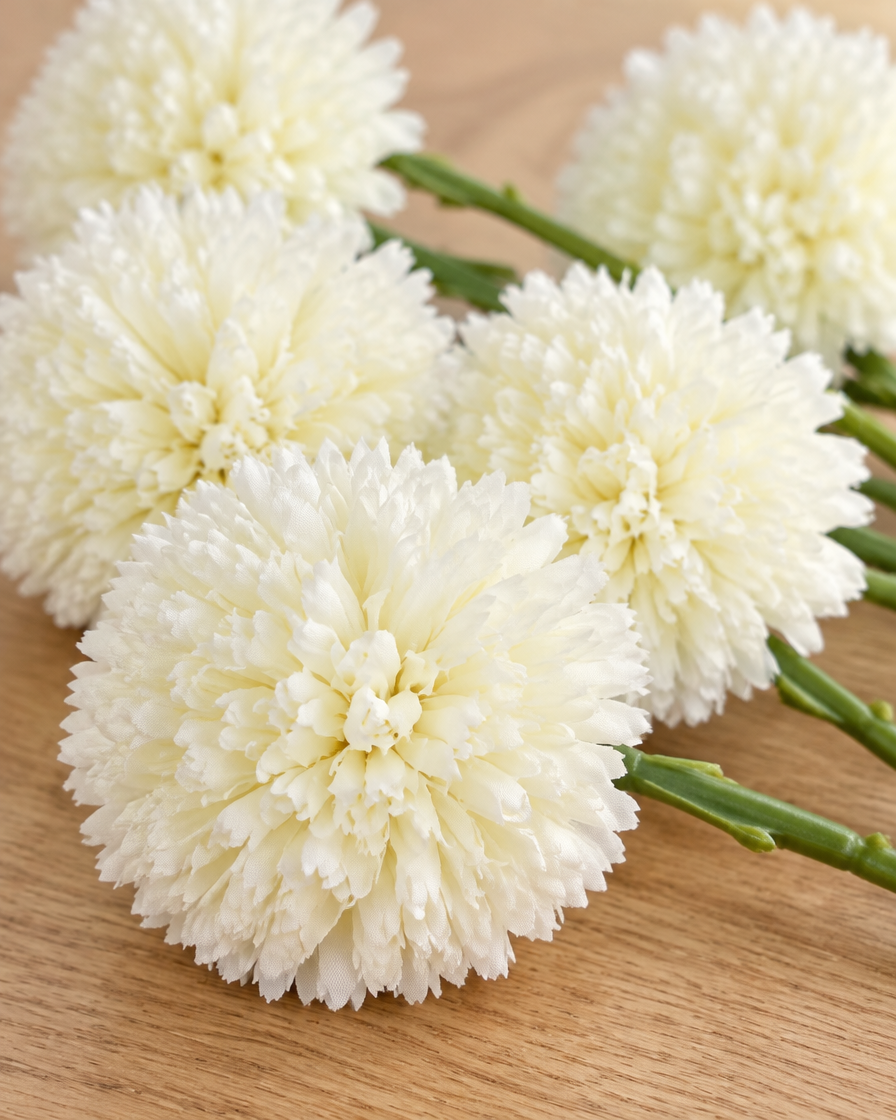 Close-up detail of the cream white artificial chrysanthemum ball flower bunch on an oak table