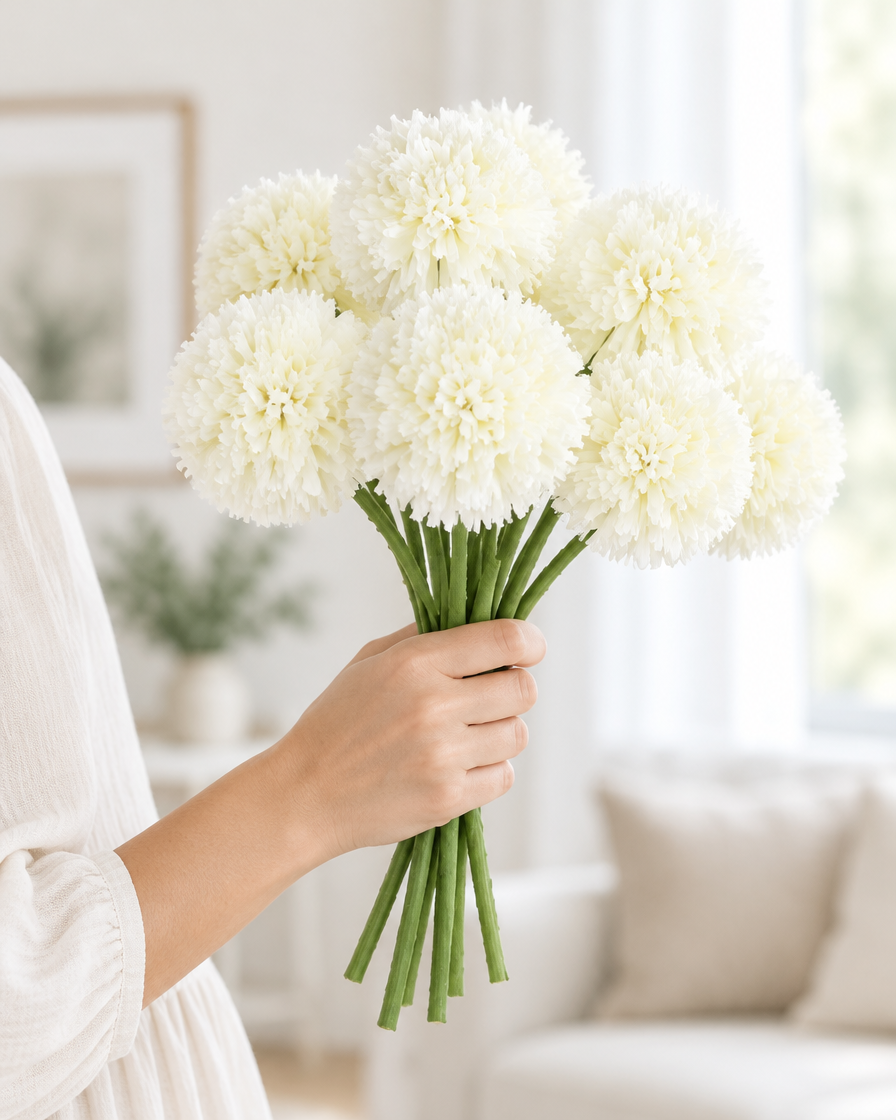 Cream White Artificial Chrysanthemum Ball Flower Bunch held in a hand