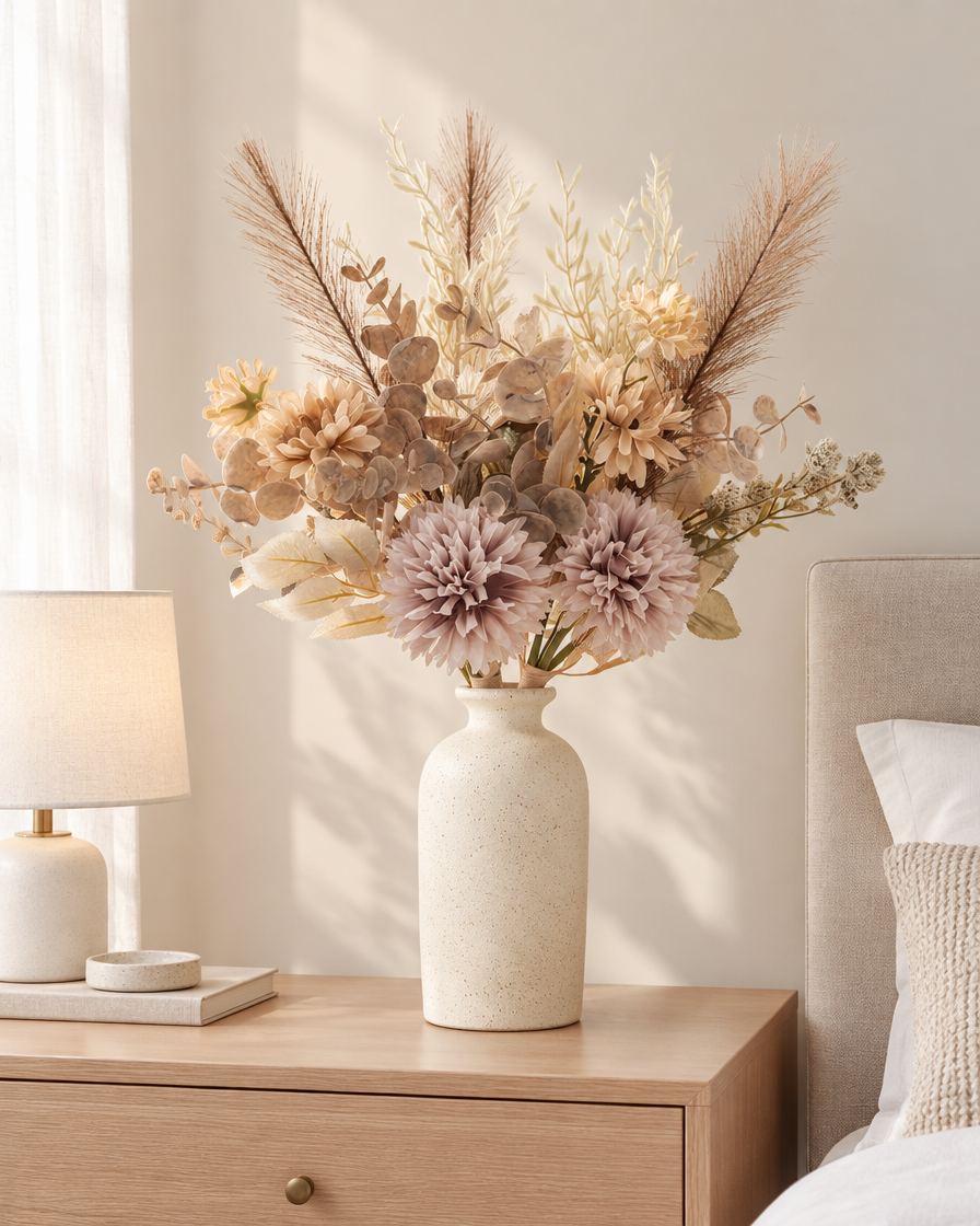 Beige and Mauve Artificial Chrysanthemum Bouquet styled in a ceramic vase on a dresser (vase sold separately)