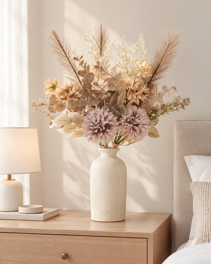 Beige and Mauve Artificial Chrysanthemum Bouquet styled in a ceramic vase on a dresser (vase sold separately)