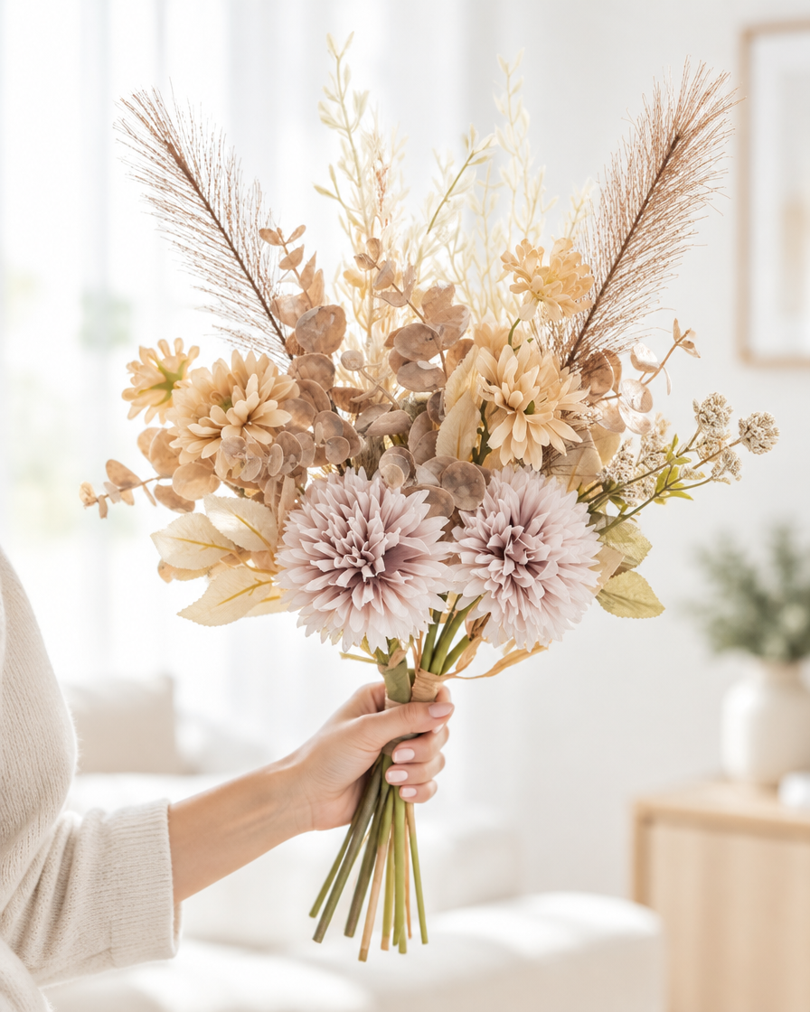 Beige and Mauve Artificial Chrysanthemum Bouquet held in a hand