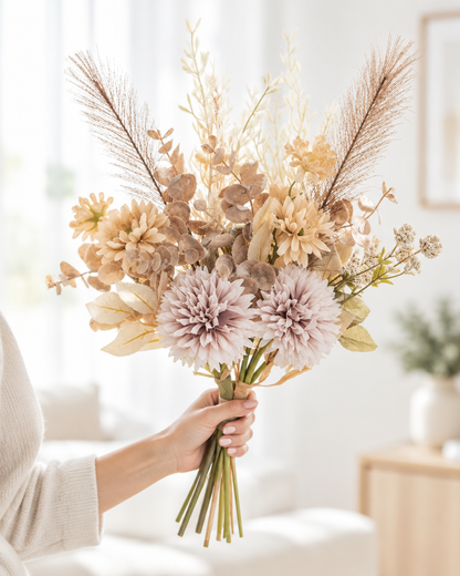 Beige and Mauve Artificial Chrysanthemum Bouquet held in a hand
