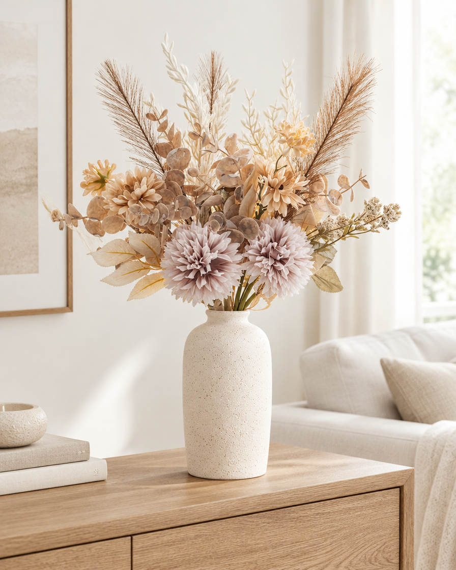 Beige and Mauve Artificial Chrysanthemum Bouquet styled in a ceramic vase on a console table (vase sold separately)