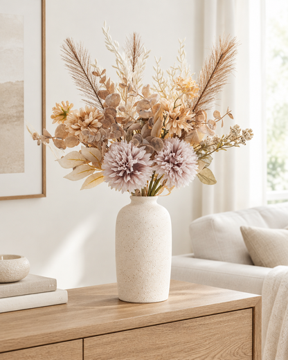 Beige and Mauve Artificial Chrysanthemum Bouquet styled in a ceramic vase on a console table (vase sold separately)
