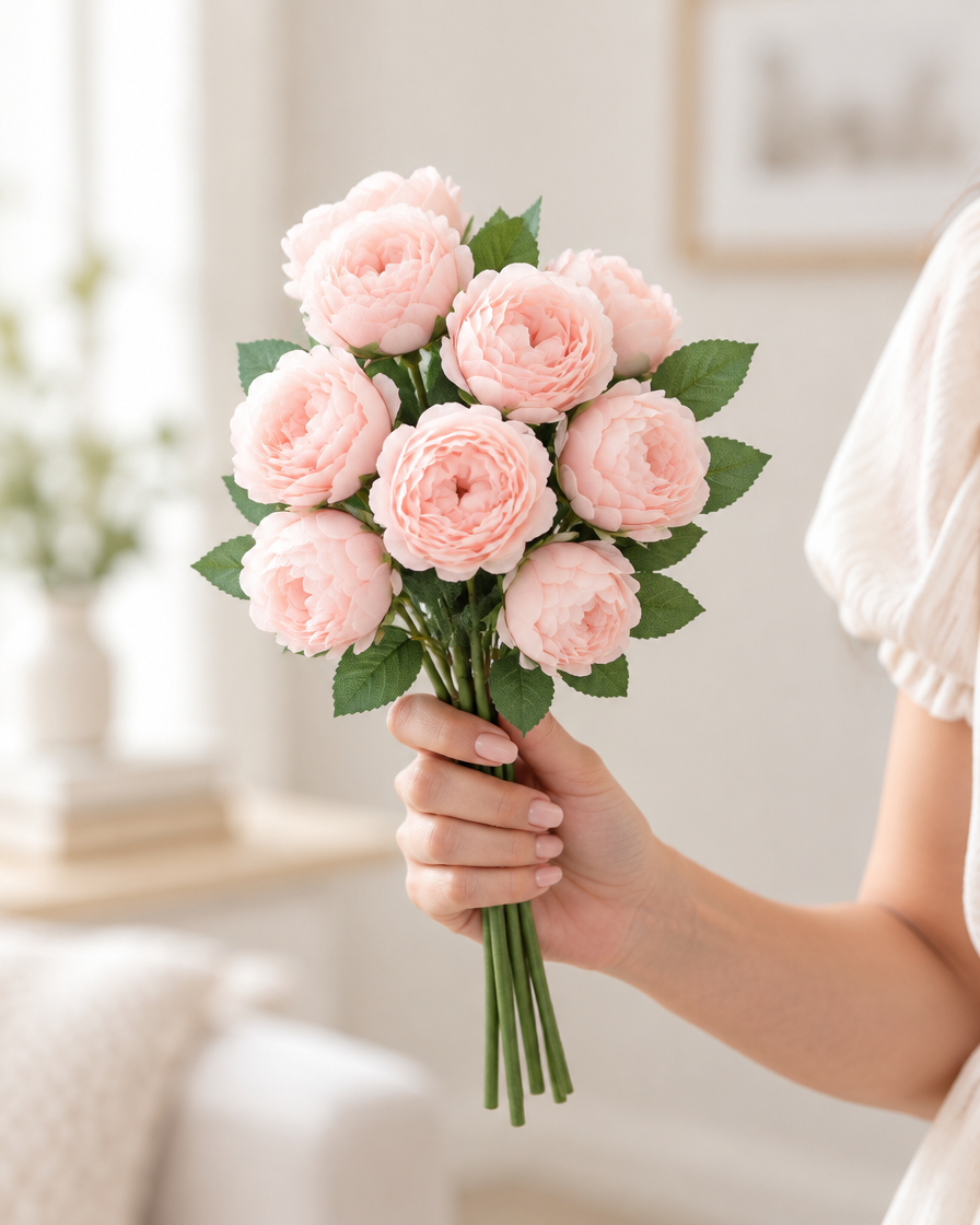 Soft Pink Artificial Rose Bunch held in a hand
