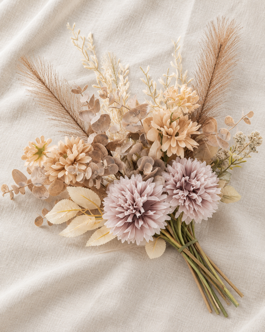 Beige and Mauve Artificial Chrysanthemum Bouquet, shown alone on a linen background