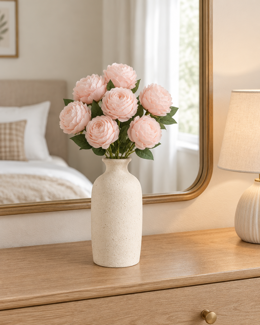 Soft Pink Artificial Rose Bunch styled in a ceramic vase on a dresser (vase sold separately)
