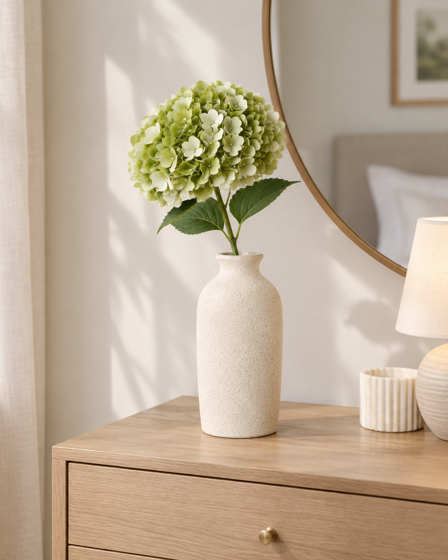 Sage Green Artificial Hydrangea Stem styled in a ceramic vase on a dresser (vase sold separately)
