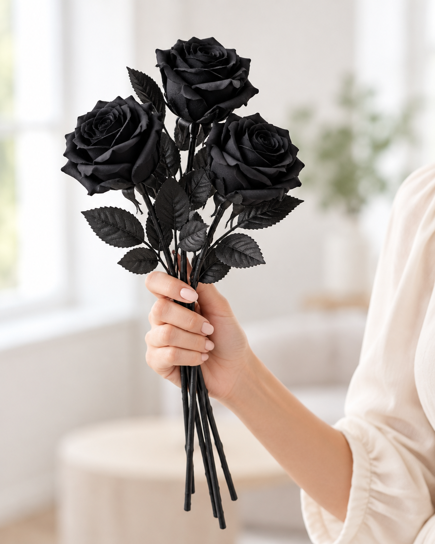Black Artificial Long-Stem Rose Stems held in a hand