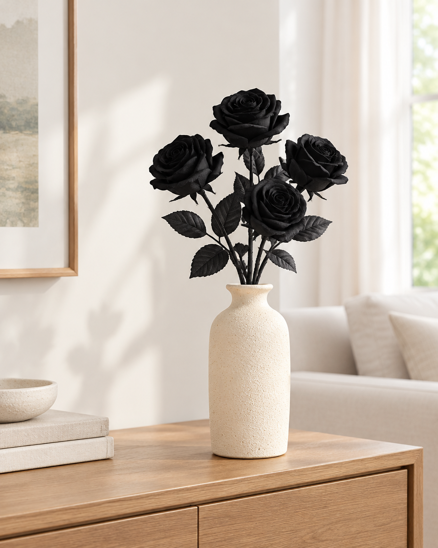 Black Artificial Long-Stem Rose Stems styled in a ceramic vase on a console table (vase sold separately)