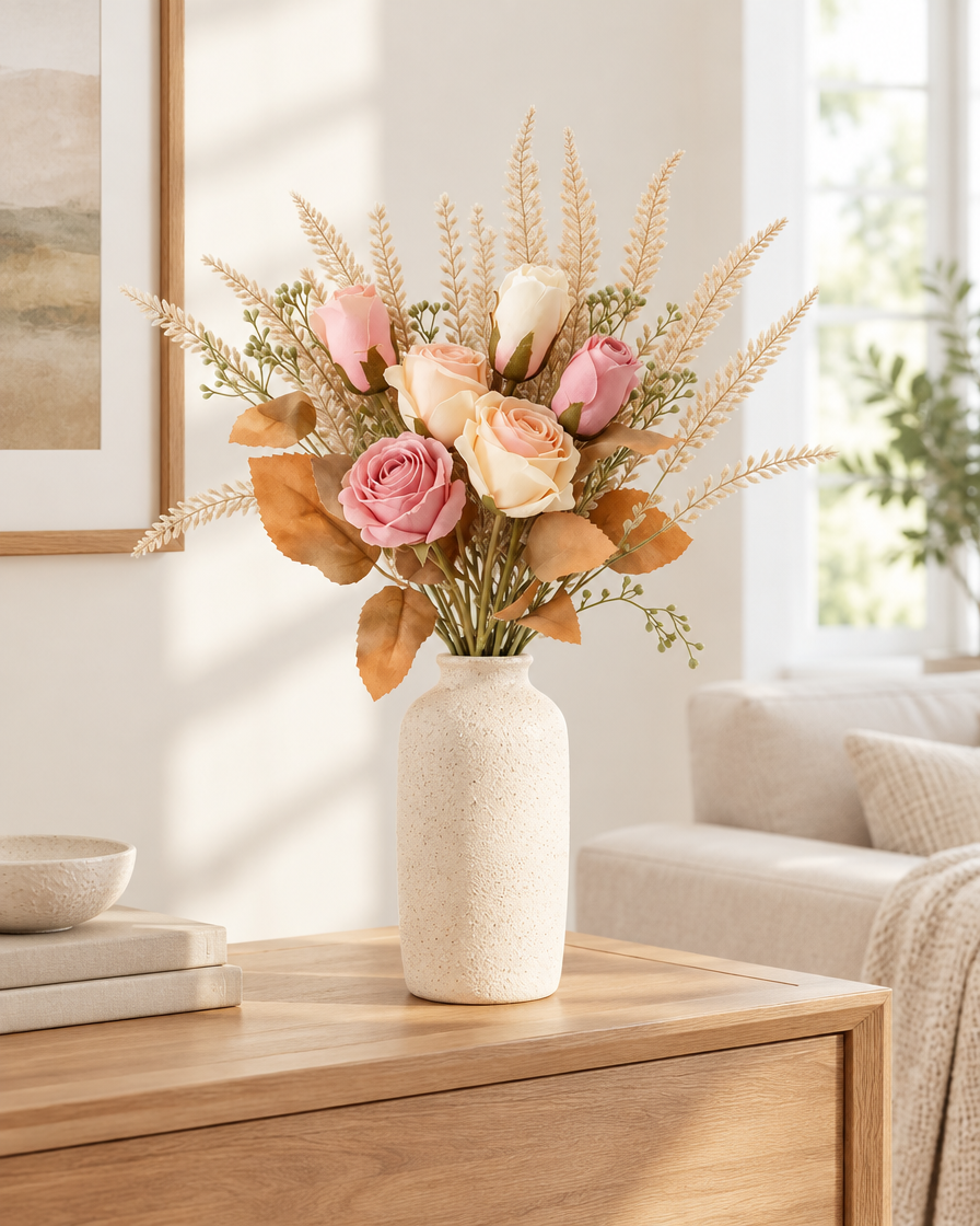 Blush Pink and Cream Artificial Rose Bouquet styled in a ceramic vase on a console table (vase sold separately)