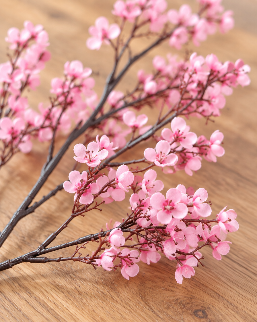 Close-up detail of the pink artificial blossom branch on an oak table