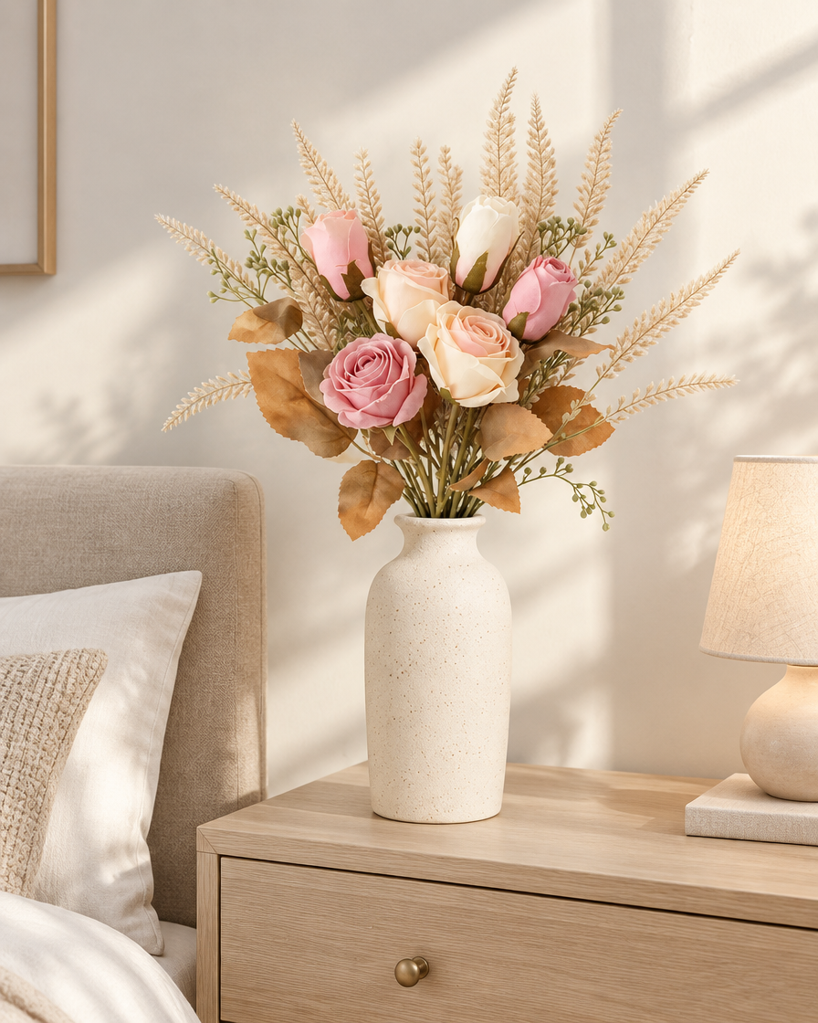 Blush Pink and Cream Artificial Rose Bouquet styled in a ceramic vase on a dresser (vase sold separately)