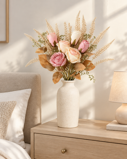 Blush Pink and Cream Artificial Rose Bouquet styled in a ceramic vase on a dresser (vase sold separately)
