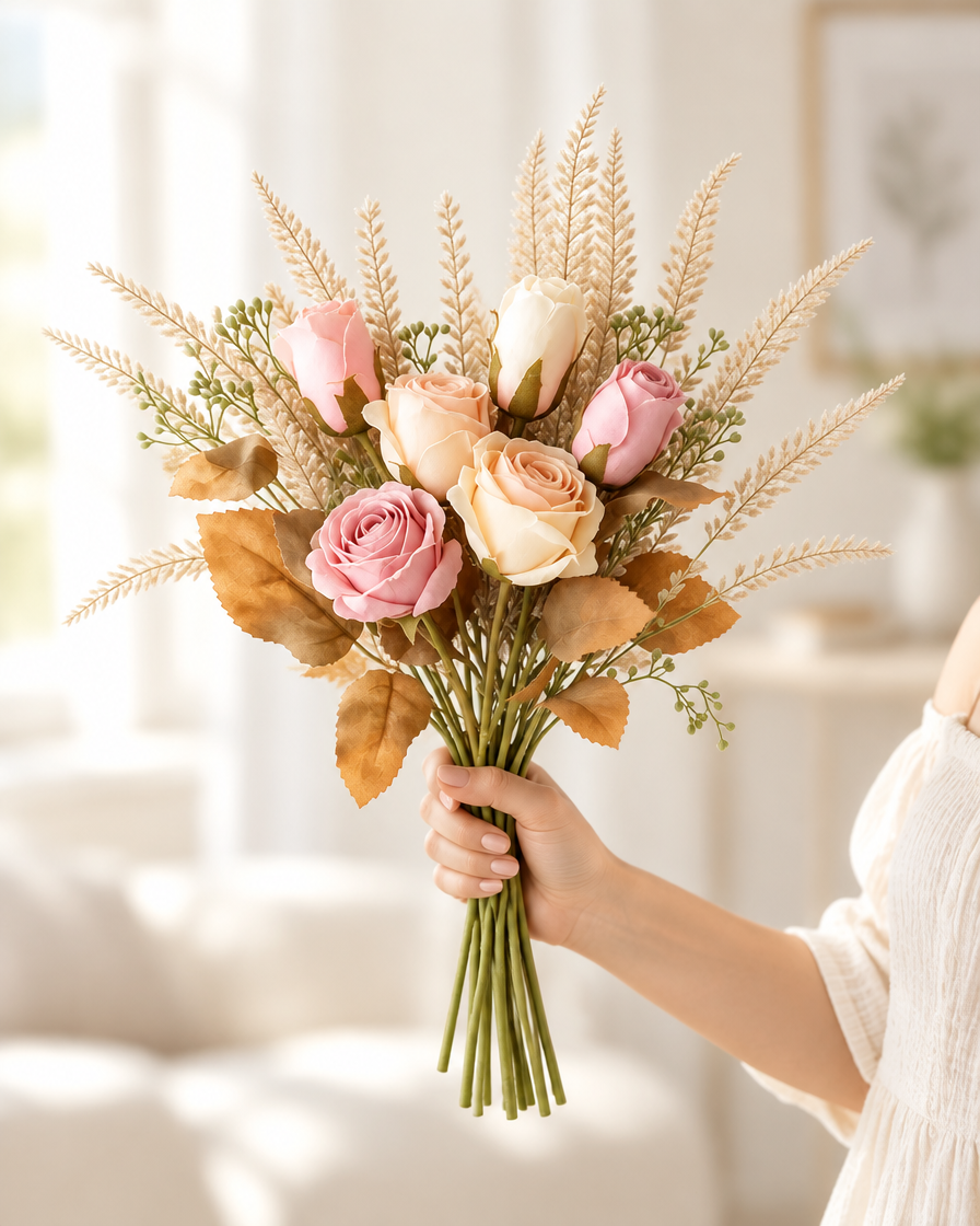 Blush Pink and Cream Artificial Rose Bouquet held in a hand