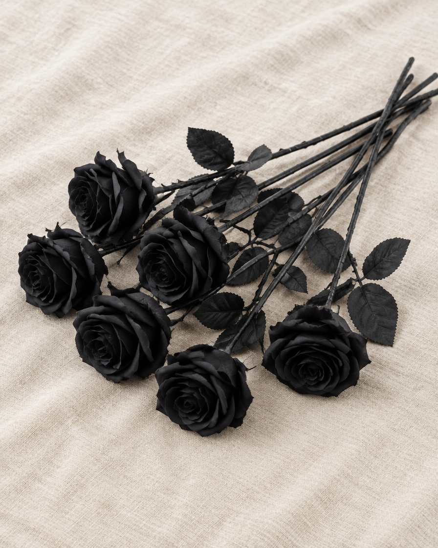Black Artificial Long-Stem Rose Stems, shown alone on a linen background