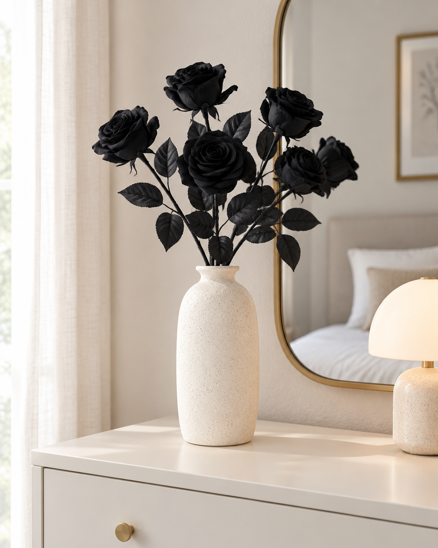 Black Artificial Long-Stem Rose Stems styled in a ceramic vase on a dresser (vase sold separately)