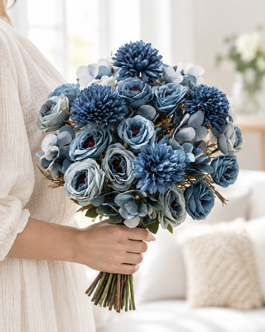 Dusty Blue Artificial Rose & Chrysanthemum Bouquet held in a hand