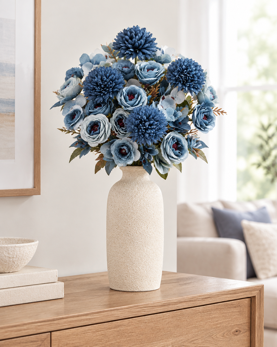 Dusty Blue Artificial Rose & Chrysanthemum Bouquet styled in a ceramic vase on a console table (vase sold separately)