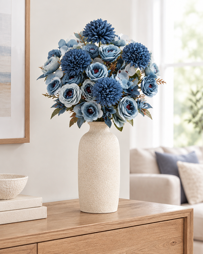 Dusty Blue Artificial Rose & Chrysanthemum Bouquet styled in a ceramic vase on a console table (vase sold separately)