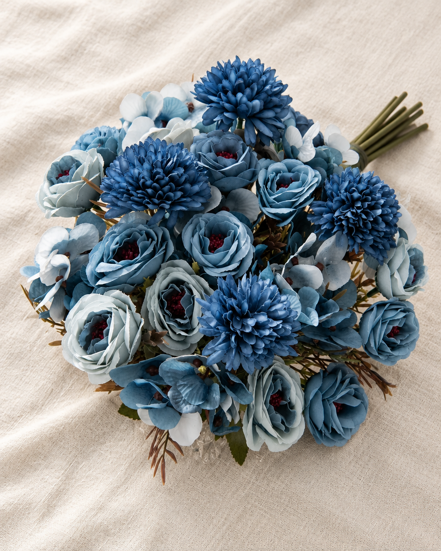 Dusty Blue Artificial Rose & Chrysanthemum Bouquet, shown alone on a linen background