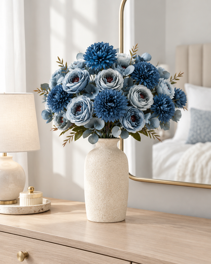 Dusty Blue Artificial Rose & Chrysanthemum Bouquet styled in a ceramic vase on a dresser (vase sold separately)